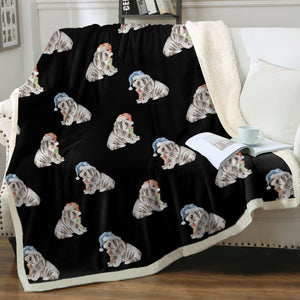 Watercolor Black Tan English Bulldogs Puppies Christmas Fleece Blankets-Blanket-Bedding, Blankets, Christmas, English Bulldog, Home Decor-8