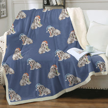 Load image into Gallery viewer, Watercolor Black Tan English Bulldogs Puppies Christmas Fleece Blankets-Blanket-Bedding, Blankets, Christmas, English Bulldog, Home Decor-Cornflower Blue-Single-1