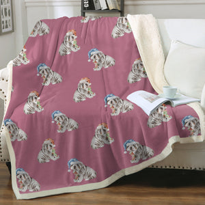 Watercolor Black Tan English Bulldogs Puppies Christmas Fleece Blankets-Blanket-Bedding, Blankets, Christmas, English Bulldog, Home Decor-Dusty Pink-Single-19