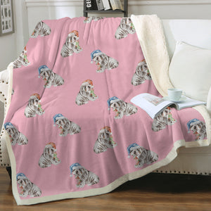 Watercolor Black Tan English Bulldogs Puppies Christmas Fleece Blankets-Blanket-Bedding, Blankets, Christmas, English Bulldog, Home Decor-Soft Pink-Single-4