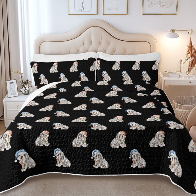 Watercolor Black Tan English Bulldogs Puppies Christmas Quilted Bedding Set-Bedding-Bedding,Blankets,Christmas,English Bulldog,Home Decor-1