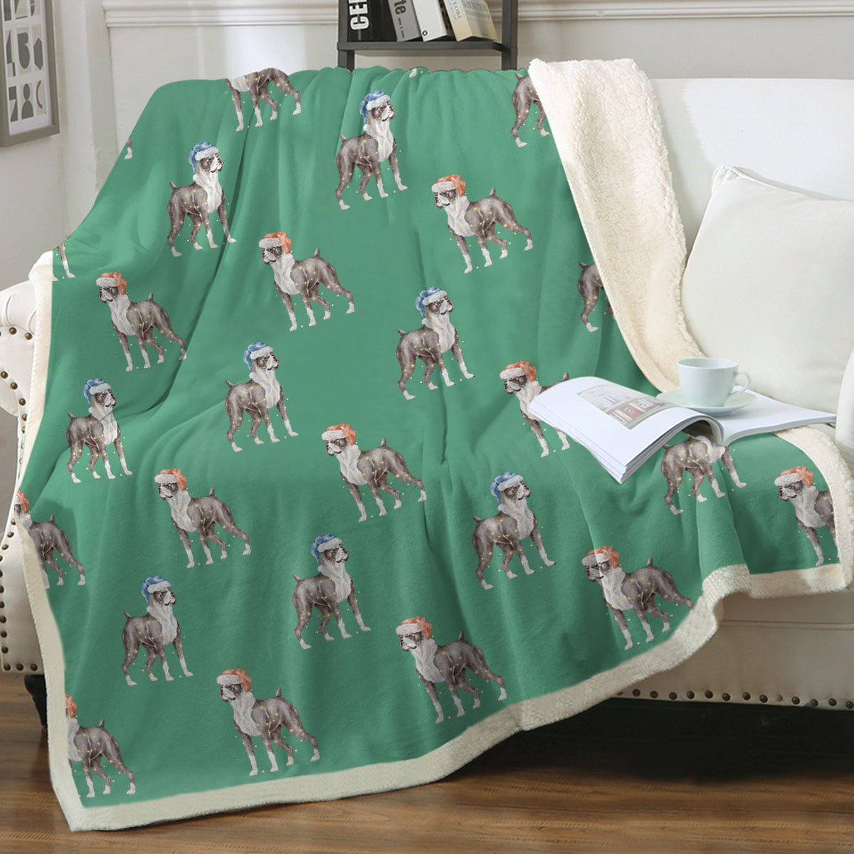 Watercolor Black White Boxer Dogs Christmas Blanket 8 Colors 11