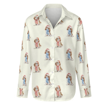 Watercolor Blenheim King Charles Spaniels Christmas Women's Shirt-Apparel-Apparel, Cavalier King Charles Spaniel, Christmas, Dog Mom Gifts, Shirt-Ivory White-S-14