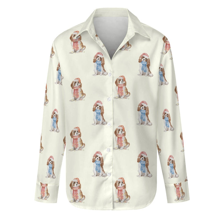 Watercolor Blenheim King Charles Spaniels Christmas Women's Shirt-Apparel-Apparel, Cavalier King Charles Spaniel, Christmas, Dog Mom Gifts, Shirt-Ivory White-S-14