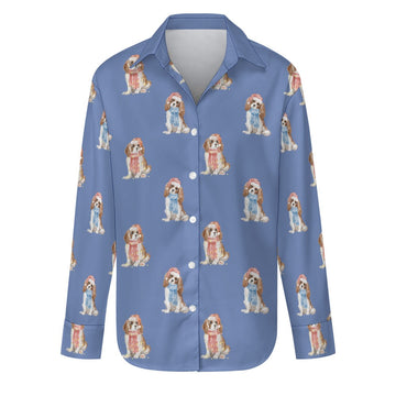 Watercolor Blenheim King Charles Spaniels Christmas Women's Shirt-Apparel-Apparel, Cavalier King Charles Spaniel, Christmas, Dog Mom Gifts, Shirt-Slate Blue-S-26