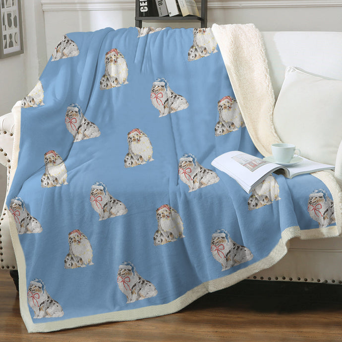 Watercolor Blue Merle Shelties Collies Christmas Blanket - 8 Colors-Blanket-Bedding, Blankets, Christmas, Home Decor, Rough Collie, Shetland Sheepdog-Sky Blue-Single-1