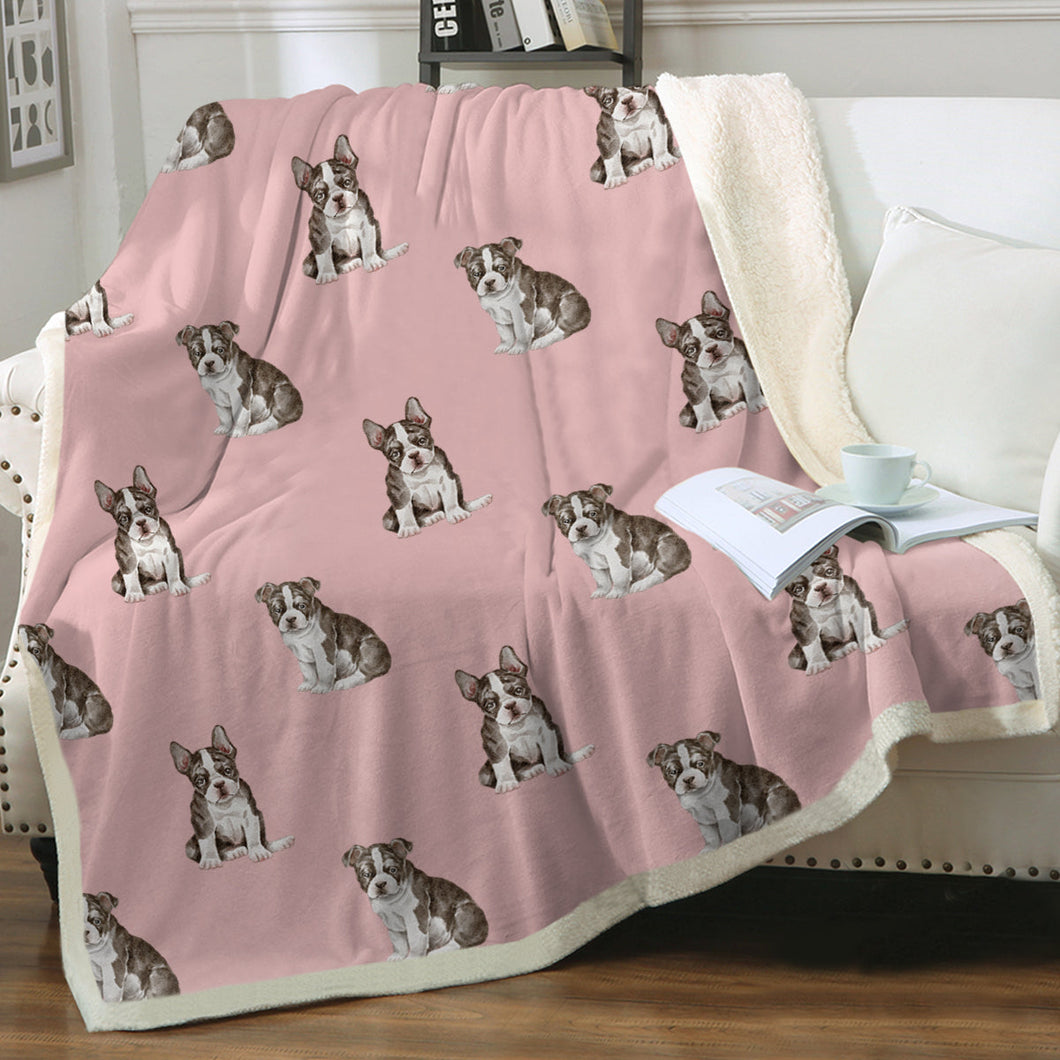 Watercolor Boston Terrier Puppies Sherpa Fleece Blanket - 8 Colors-Blanket-Bedding, Blankets, Boston Terrier, Home Decor-Soft Pink-Single-15