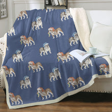 Load image into Gallery viewer, Watercolor Brindle and Blue English Bulldogs Christmas Fleece Blanket-Blanket-Bedding, Blankets, Christmas, English Bulldog, Home Decor-Cornflower Blue-Single-16
