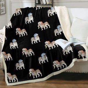 Watercolor Brindle and Blue English Bulldogs Christmas Fleece Blanket-Blanket-Bedding, Blankets, Christmas, English Bulldog, Home Decor-Midnight Black-Single-22