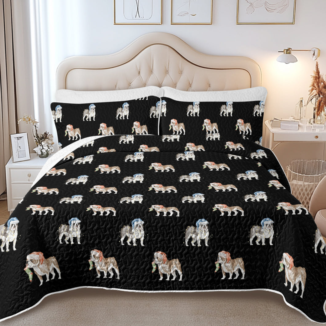 Watercolor Brindle and Blue English Bulldogs Christmas Quilted Bedding Set-Bedding-Bedding,Blankets,Christmas,English Bulldog,Home Decor-6