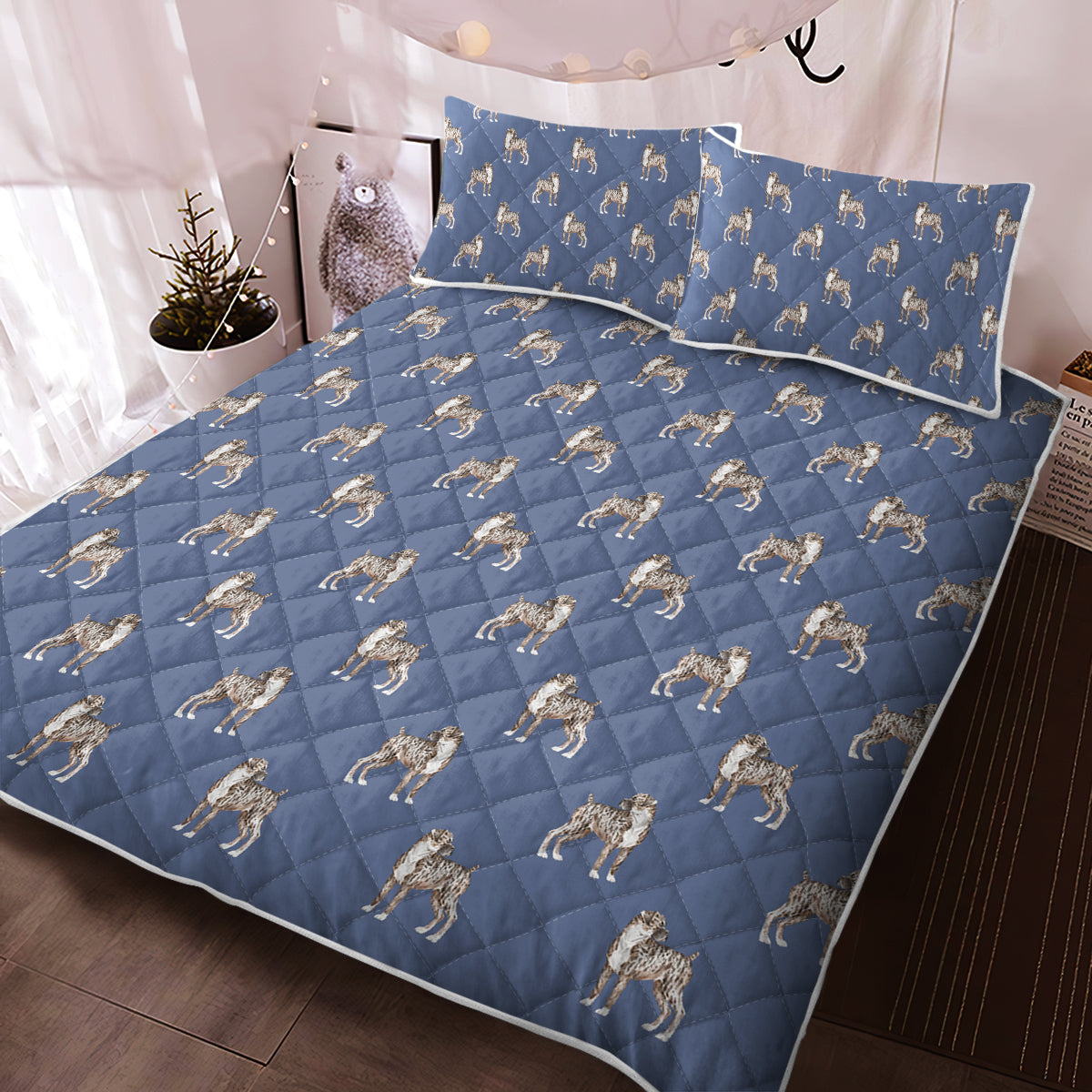 Watercolor Brindle Boxer Dogs Quilted Bedding Set 5 Colors Cornflower Blue With Matching Pillowcases Twin 12