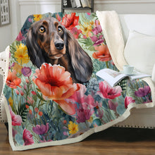 Load image into Gallery viewer, Watercolor Chocolate and Tan Dachshunds in Floral Bloom Soft Warm Fleece Blanket-Blanket-Blankets, Dachshund, Home Decor-12