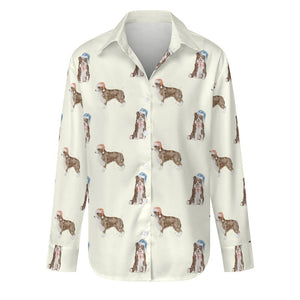 Watercolor Chocolate Red Border Collies Christmas Women's Shirt-S-Ivory-1