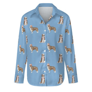 Watercolor Chocolate Red Border Collies Christmas Women's Shirt-S-LightSkyBlue-15