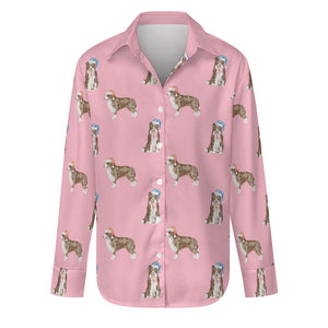 Watercolor Chocolate Red Border Collies Christmas Women's Shirt-S-Pink-5