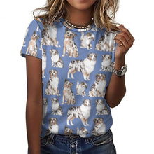 Load image into Gallery viewer, Watercolor Delight Australian Shepherds Women&#39;s Cotton T-Shirt AOP-Apparel-Apparel, Australian Shepherd, Christmas, Dog Mom Gifts, Shirt, T Shirt-2XS-CornflowerBlue-18