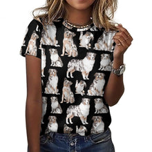 Load image into Gallery viewer, Watercolor Delight Australian Shepherds Women&#39;s Cotton T-Shirt AOP-Apparel-Apparel, Australian Shepherd, Christmas, Dog Mom Gifts, Shirt, T Shirt-2XS-Black-40