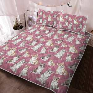 Watercolor Delight Corgis Quilted Bedding Set - 5 Colors-Bedding-Bedding, Blankets, Corgi, Home Decor-Dusty Pink-With Matching Pillowcases-Twin-12