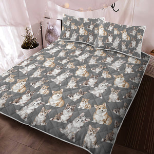 Watercolor Delight Corgis Quilted Bedding Set - 5 Colors-Bedding-Bedding, Blankets, Corgi, Home Decor-Parisian Gray-With Matching Pillowcases-Twin-13