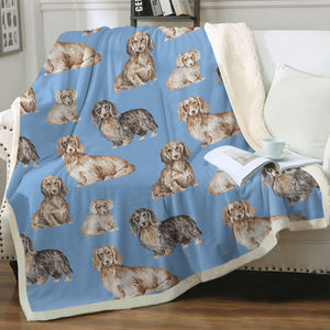 Watercolor Delight Long Haired Dachshunds Fleece Blanket - 8 Colors-Blanket-Bedding, Blankets, Dachshund, Home Decor-Sky Blue-Single-20