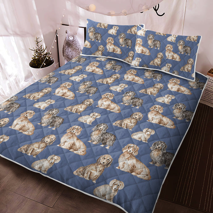 Watercolor Delight Long Haired Dachshunds Quilted Bedding Set-Bedding-Bedding, Blankets, Dachshund, Home Decor-1