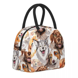 Image of an insulated dog print lunch bag with exterior pocket in watercolor dogs design