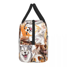 Load image into Gallery viewer, Side image of an insulated dog lunch bag with exterior pocket in watercolor dogs design