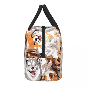 Side image of an insulated dog lunch bag with exterior pocket in watercolor dogs design