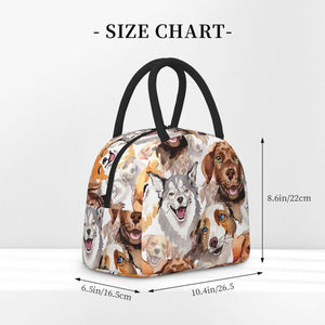 Image of the size of an insulated dog lunch bag with exterior pocket in watercolor dogs design