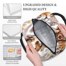Load image into Gallery viewer, Open image of an insulated dog lunch bag with exterior pocket in watercolor dogs design