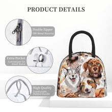 Load image into Gallery viewer, Information detail image of an insulated dog lunch bag with exterior pocket in watercolor dogs design