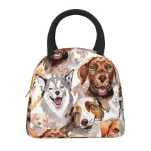 Load image into Gallery viewer, Image of an insulated dog print lunch bag in watercolor dogs design