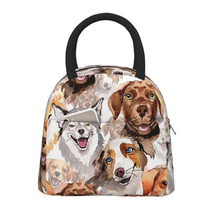 Image of an insulated dog lunch bag with exterior pocket in watercolor dogs design