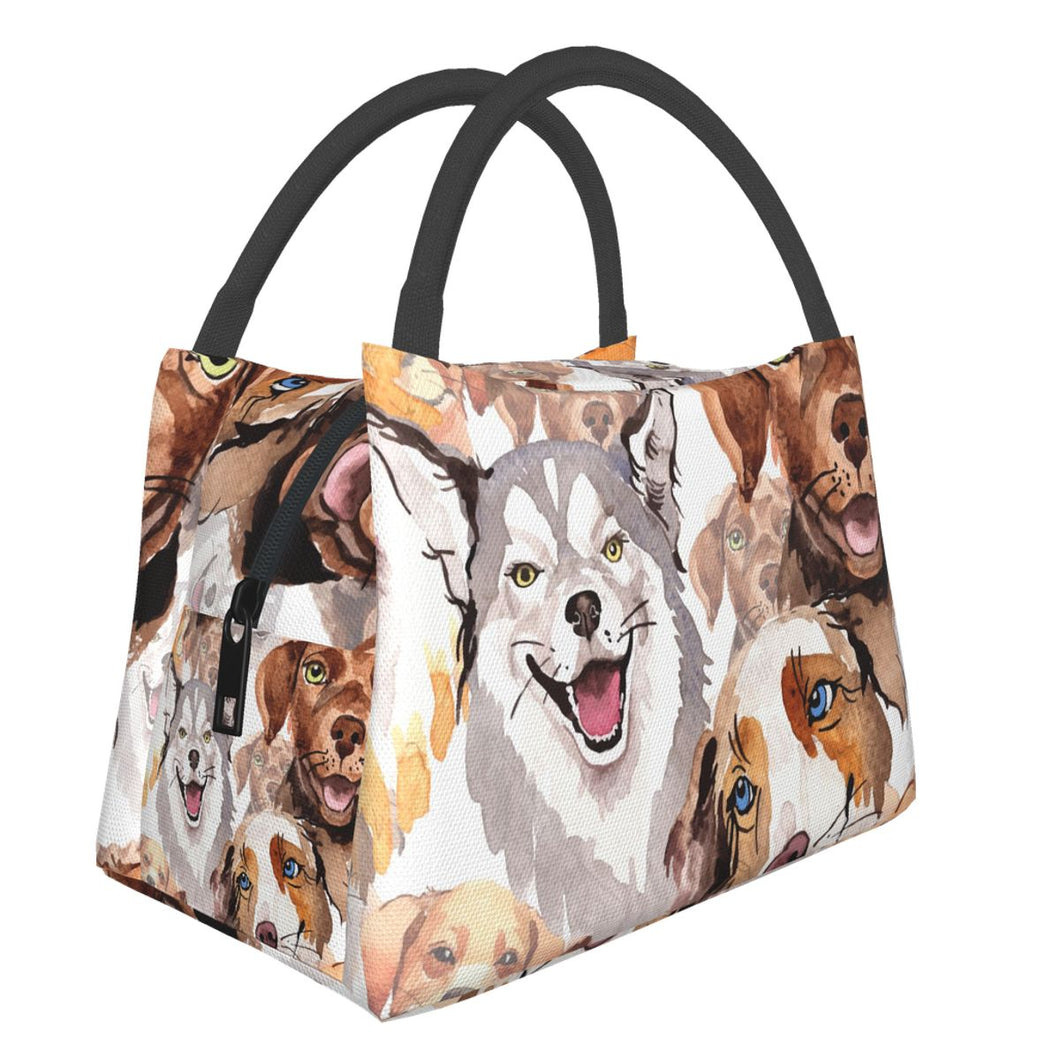Image of a super cute watercolor dog lunch bag