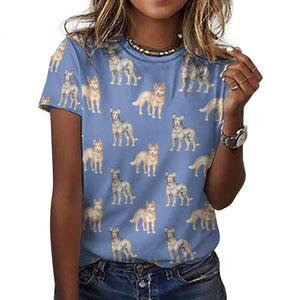 Watercolor Elegance Australian Blue Heeler Women's Cotton T-Shirt-2XS-CornflowerBlue-14