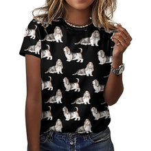 Load image into Gallery viewer, Watercolor Elegance Basset Hounds Women&#39;s Cotton T-Shirt-Apparel-Apparel, Basset Hound, Dog Mom Gifts, T Shirt-2XS-Black-33