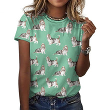 Load image into Gallery viewer, Watercolor Elegance Basset Hounds Women&#39;s Cotton T-Shirt-Apparel-Apparel, Basset Hound, Dog Mom Gifts, T Shirt-2XS-MediumAquaMarine-21