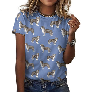 Watercolor Elegance Border Collie Women's Cotton T-Shirt-Apparel-Apparel, Dog Mom Gifts, Rough Collie, Shirt-2XS-CornflowerBlue-13