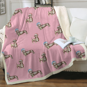 Watercolor Elegance Chocolate Dachshunds Christmas Fleece Blanket - 8 Colors-Blanket-Bedding, Blankets, Christmas, Dachshund, Home Decor-Soft Pink-Single-2