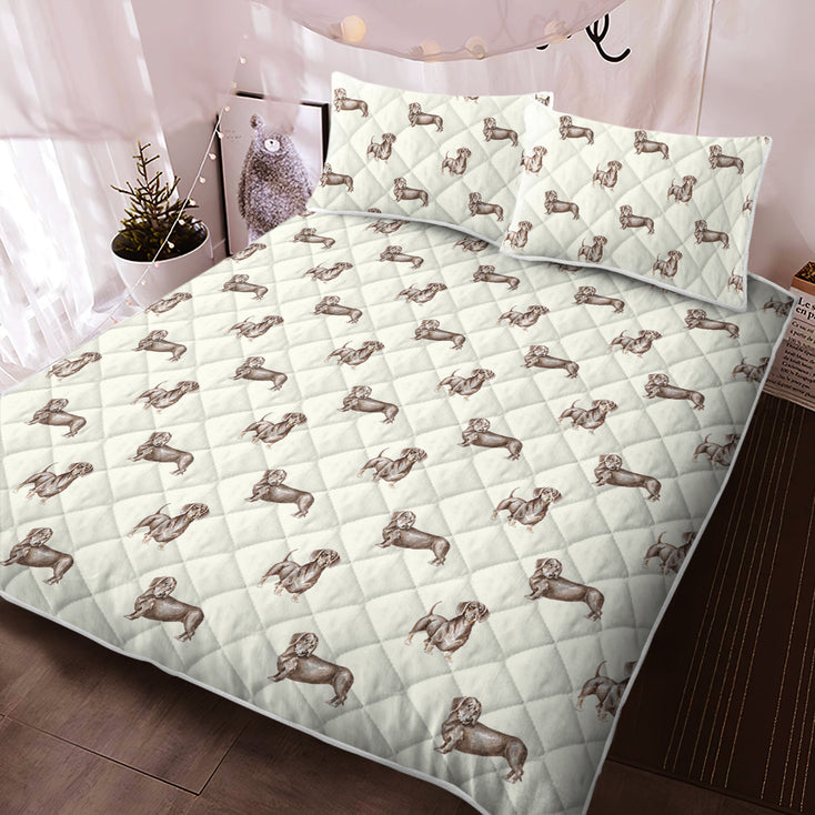 Watercolor Elegance Chocolate Dachshunds Quilted Bedding Set - 5 Colors-Bedding-Bedding, Blankets, Dachshund, Home Decor-Ivory White-With Matching Pillowcases-Twin-10
