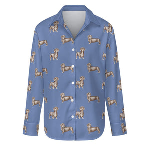 Watercolor Elegance Chocolate Dachshunds Women's Shirt-Apparel-Apparel, Dachshund, Dog Mom Gifts, Shirt-Slate Blue-S-29