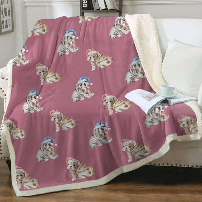 Watercolor English Bulldogs Puppies Christmas Fleece Blanket - 8 Colors-Blanket-Bedding, Blankets, Christmas, English Bulldog, Home Decor-Dusty Pink-Single-1