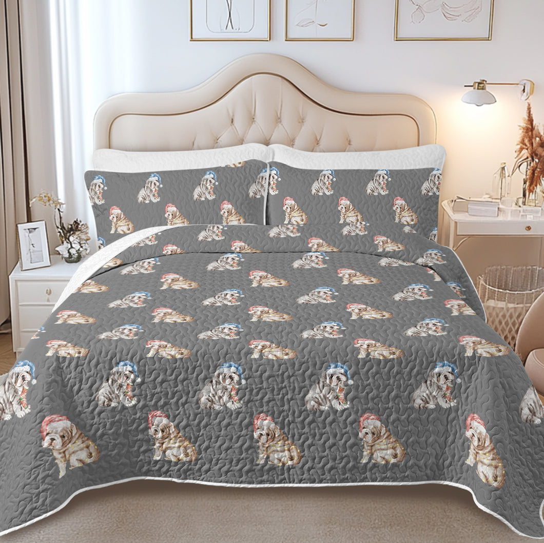 Watercolor English Bulldogs Puppies Christmas Quilted Bedding Set-Bedding-Bedding,Blankets,Christmas,Home Decor-Parisian Gray-Twin-With Matching Pillowcases-9