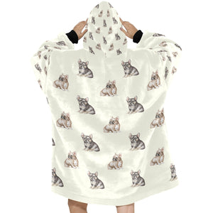 Watercolor Fawn and Tricolour French Bulldogs Blanket Hoodie-Blanket-Apparel, Blanket Hoodie, Blankets, Dog Mom Gifts, French Bulldog-13