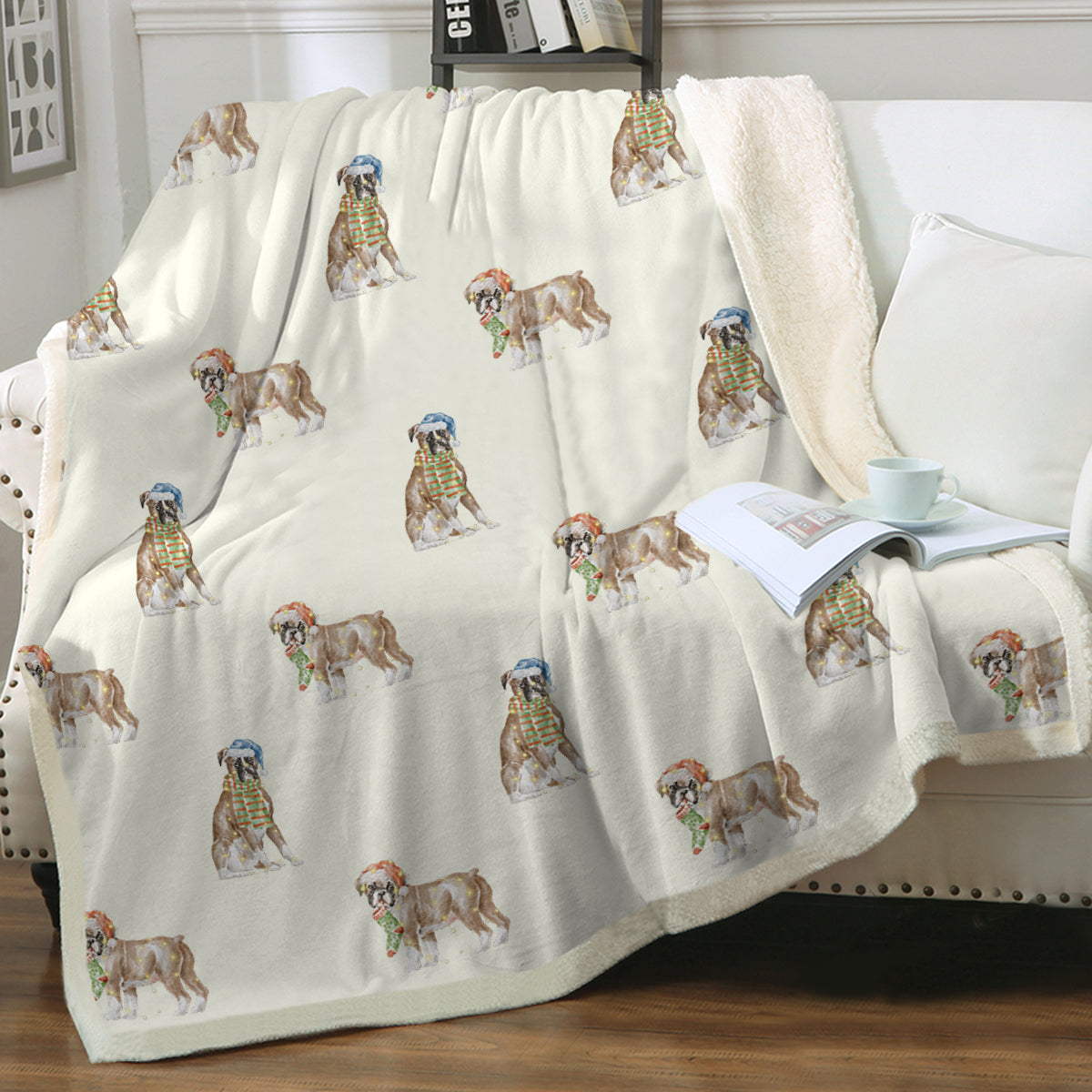 Watercolor Fawn Boxer Dogs Christmas Fleece Blanket 8 Colors 12