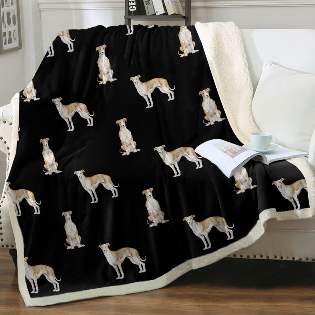 Watercolor Fawn Red Greyhounds Whippets Fleece Blanket - 8 Colors-Blanket-Bedding, Blankets, Greyhound, Home Decor, Whippet-Midnight Black-Single-15