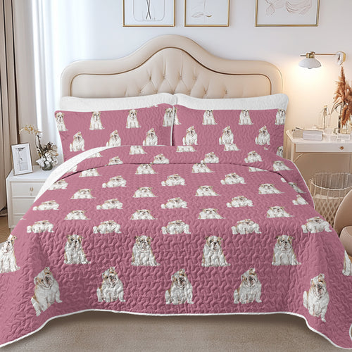 Watercolor Fawn White English Bulldogs Quilted Bedding Set-Bedding-Bedding,Blankets,Christmas,Home Decor-Dusty Pink-Twin-With Matching Pillowcases-12