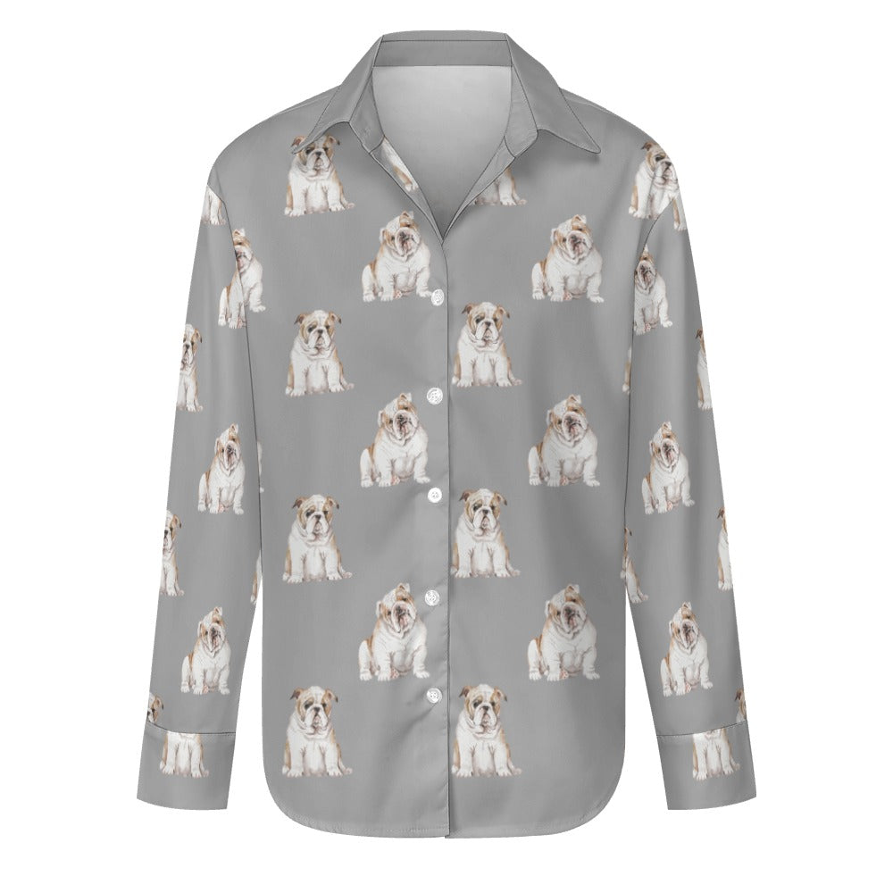 Watercolor Fawn White English Bulldogs Women's Shirt-Apparel-Apparel, Dog Mom Gifts, English Bulldog, Shirt-Parisian Gray-S-35