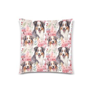 Watercolor Flower Garden Australian Shepherds Throw Pillow Cover-Cushion Cover-Australian Shepherd, Home Decor, Pillows-White1-ONESIZE-2