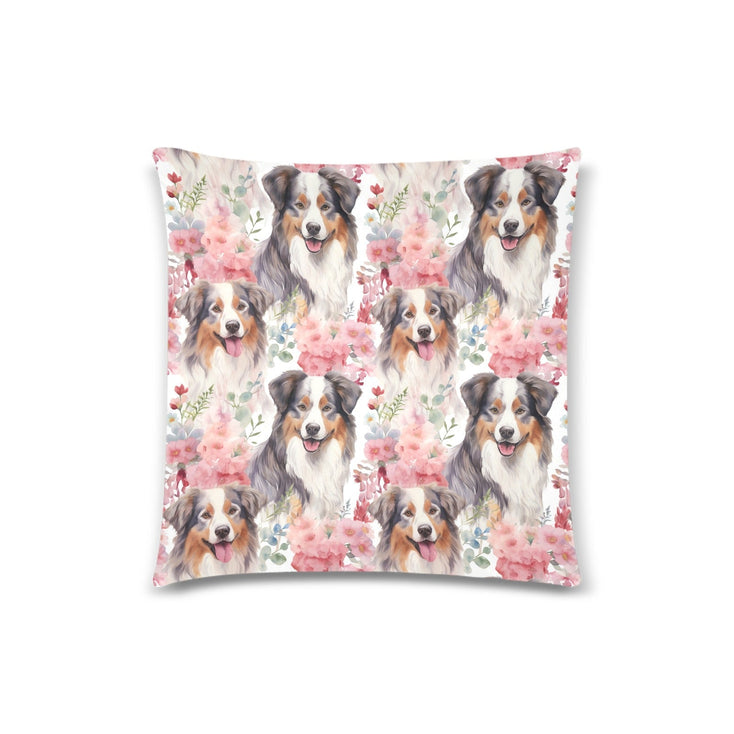 Watercolor Flower Garden Australian Shepherds Throw Pillow Cover-Cushion Cover-Australian Shepherd, Home Decor, Pillows-White1-ONESIZE-2